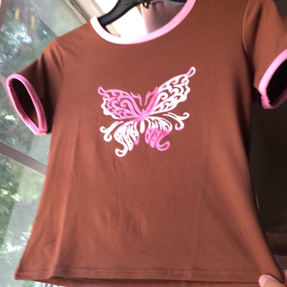 Brown and pink butterfly print crop top size L (not worn) - Picture 3 of 6